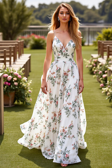 White Floral V-Neck A Line Long Boho Wedding Dress